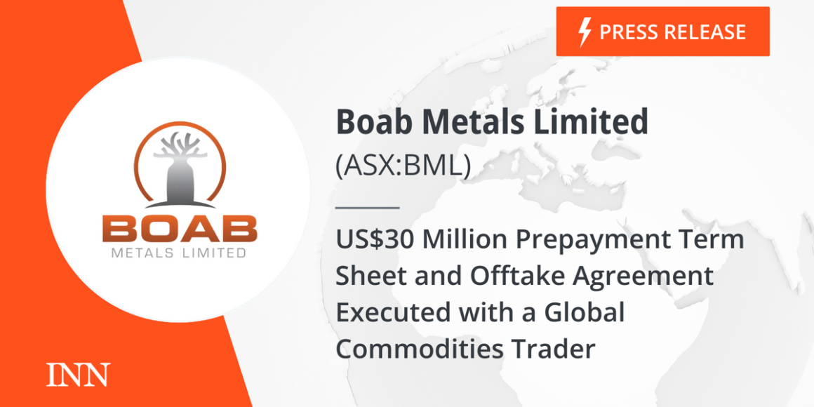 US$30 Million Prepayment Term Sheet and Offtake Agreement Executed with a Global Commodities Trader